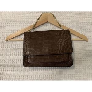 Women's Brown Faux Croc Skin Purse Evening Bag Silver Chain Retro Vintage